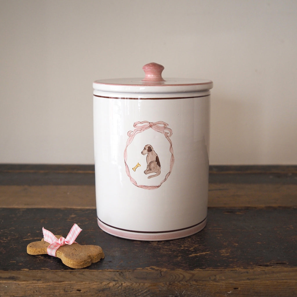 Mungo & Maud Luxury Dog & Cat Outfitters Mademoiselle Hand-Painted Ceramic Dog Treat Jar White Pink