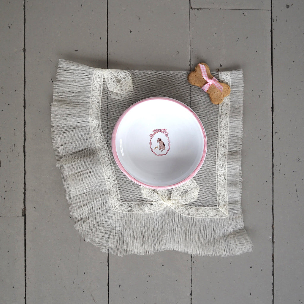 Mungo & Maud Luxury Dog & Cat Outfitters Mademoiselle Dog Bowl Hand-Painted White Pink