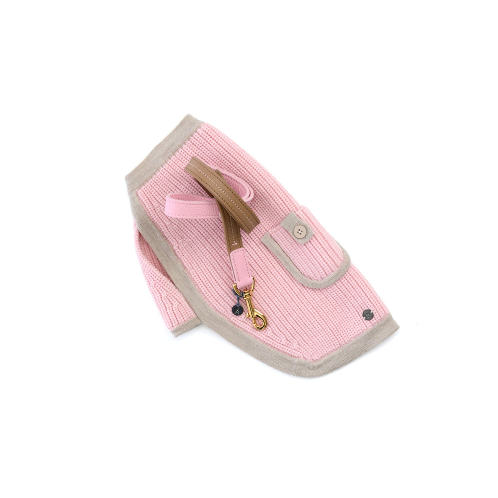 Mungo & Maud Luxury Dog & Cat Outfitters Bauhaus Leather Dog Lead Brown Pink Archer Merino Dog Pullover Pink