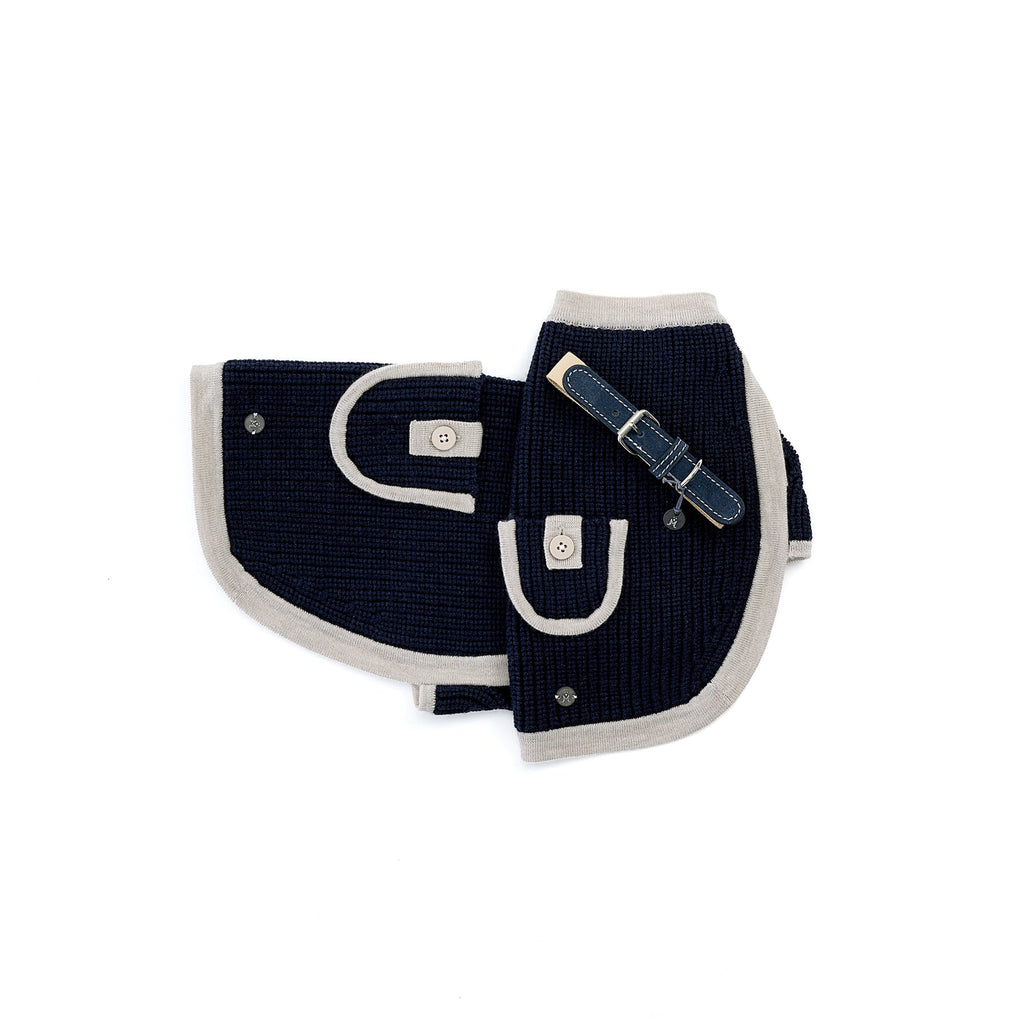 Mungo & Maud Luxury Dog & Cat Outfitters Baseball Cotton Suede Dog Collar Beige Blue Archer Merino Dog Pullover Blue