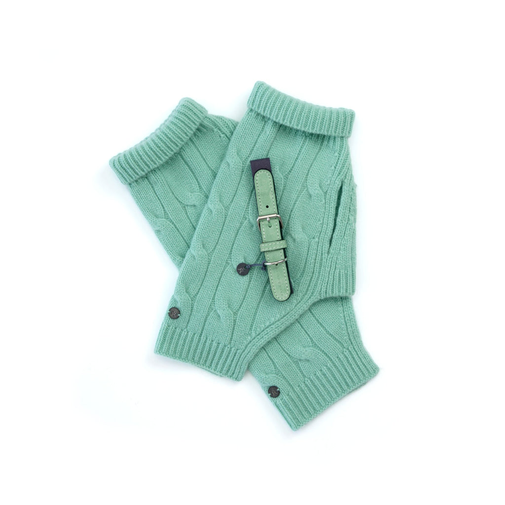 Mungo & Maud Luxury Dog & Cat Outfitters Cable Cashmere Dog Pullover Green Baseball Cotton Suede Dog Collar Green Grey