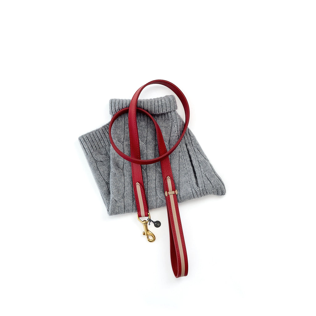 Mungo & Maud Luxury Dog & Cat Outfitters Torino Leather Lead Red Taupe Cable Cashmere Pullover Grey