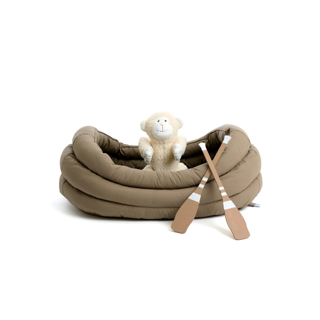 Mungo & Maud Luxury Dog & Cat Outfitters Canoe Dog Bed Brown Pull my Leg Monkey Dog Toy Cream